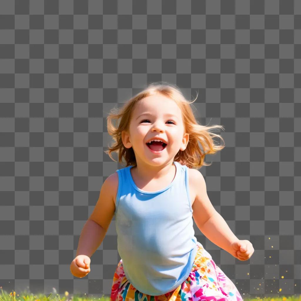 smiling child runs on grass