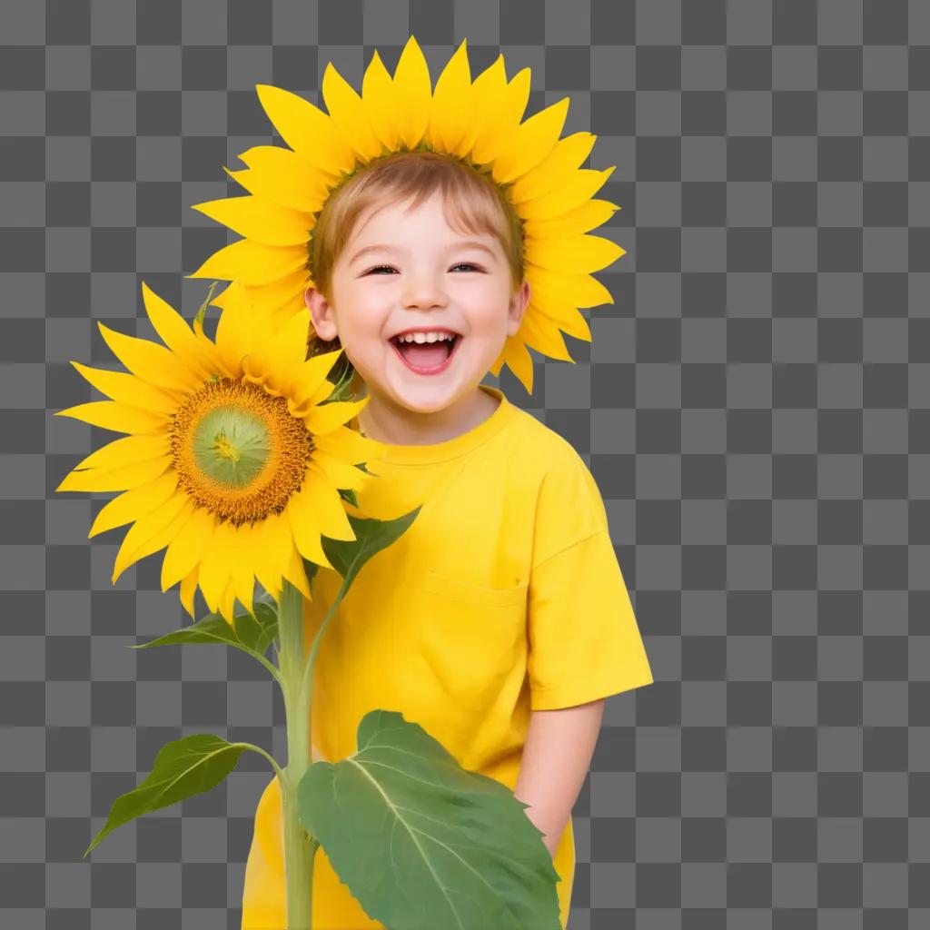 smiling child with a sunflower on his head