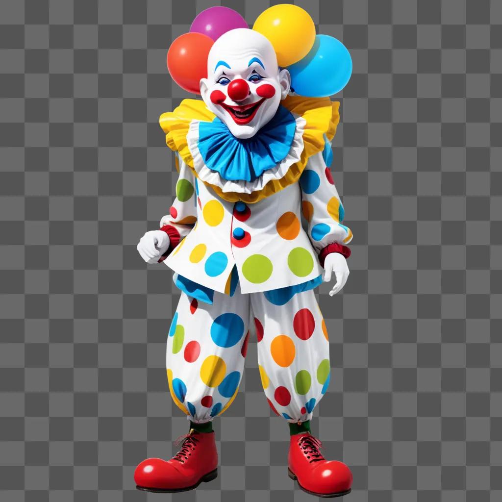 smiling clown in a polka dot costume stands