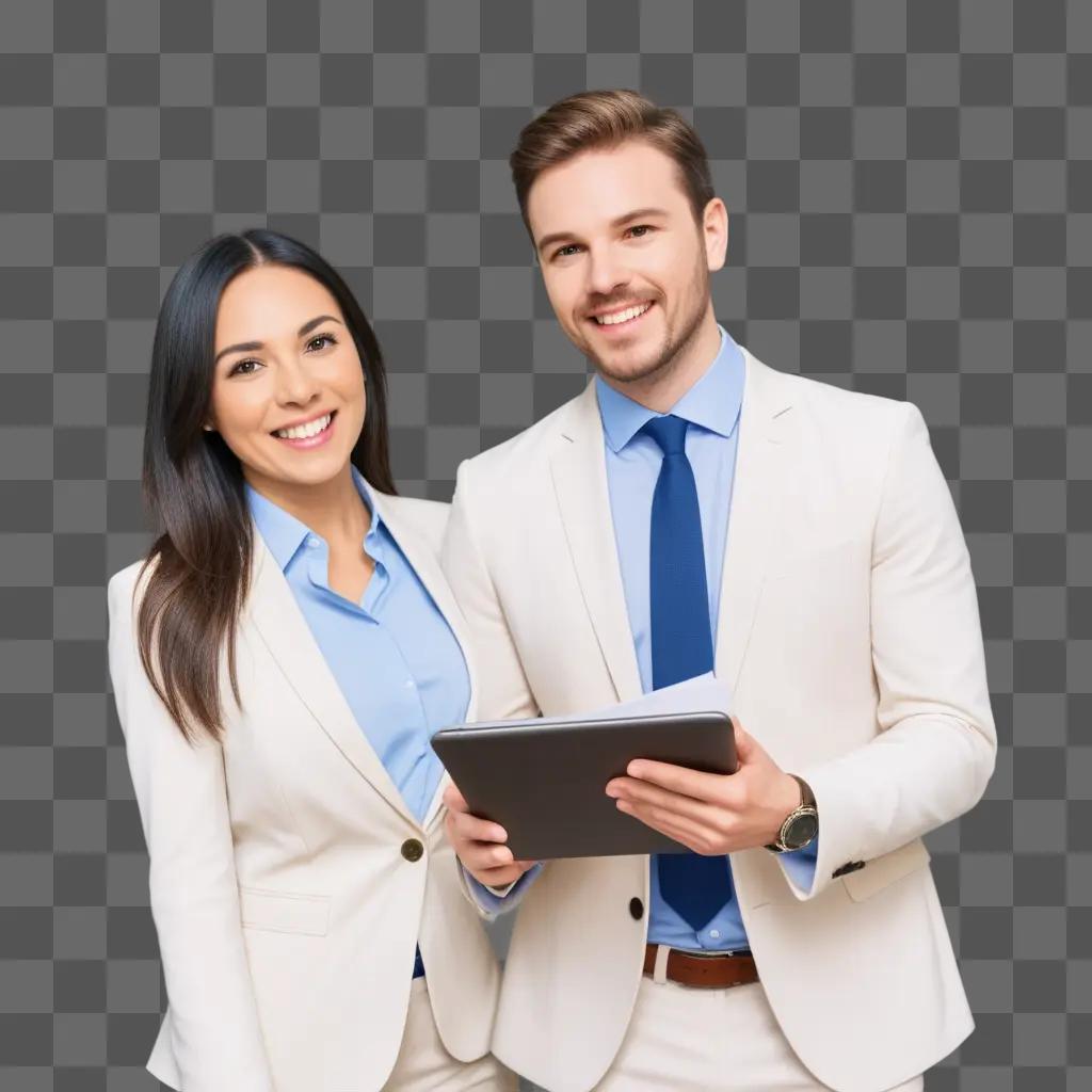 smiling couple poses in their professional attire