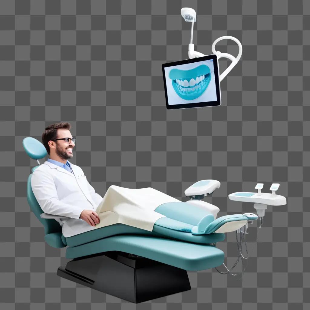 smiling dentist in a blue chair with a mouth image above him