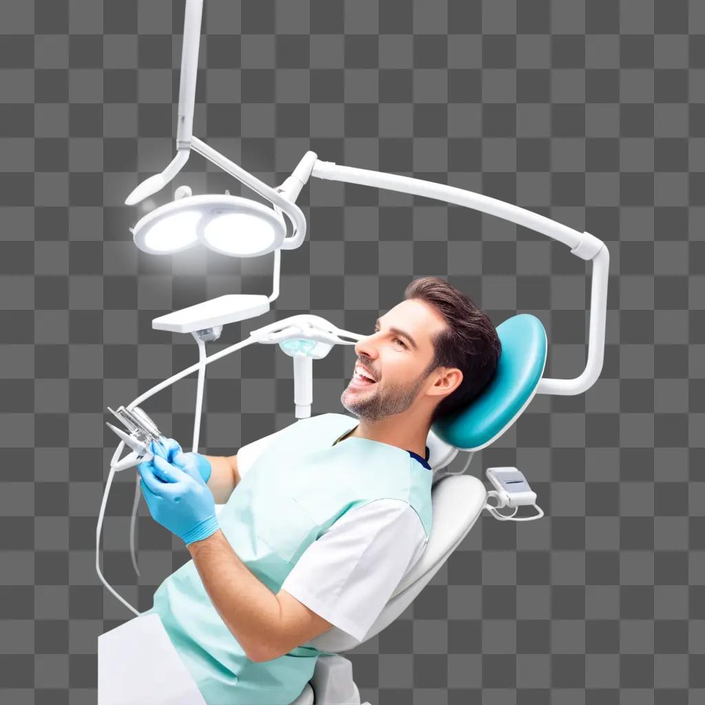 smiling dentist sits in a chair with a light above him