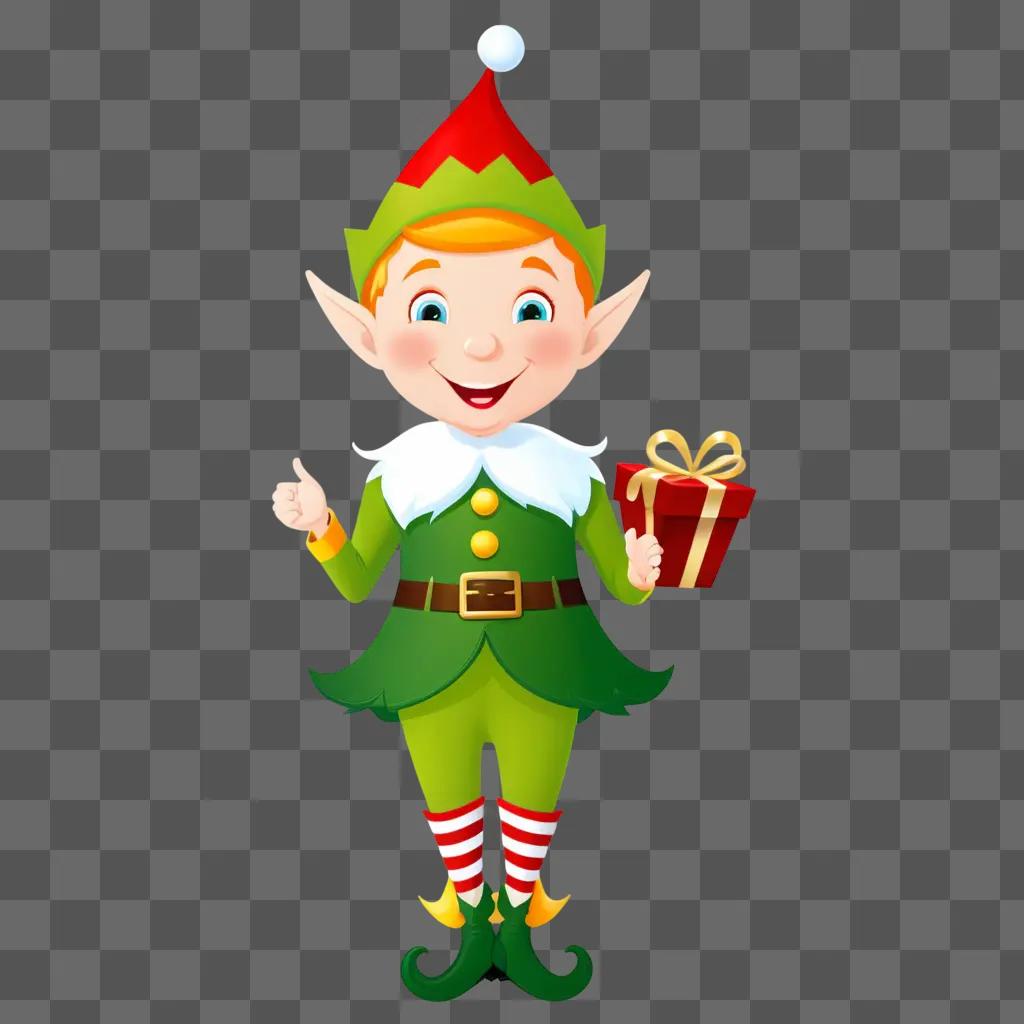 smiling elf holding a present on a green background