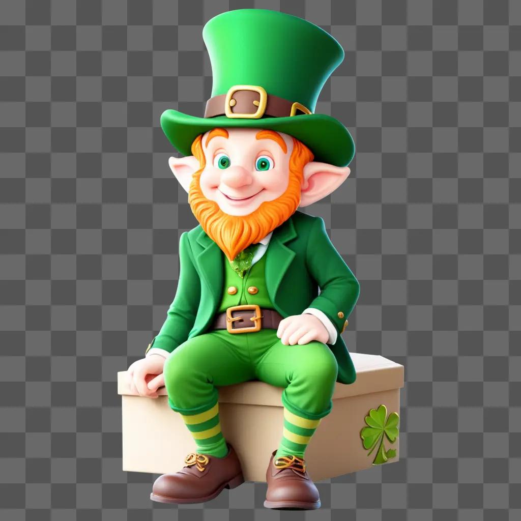 smiling leprechaun sitting on a box in a green outfit