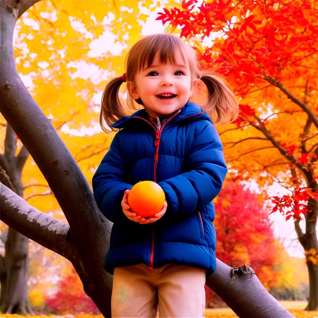 smiling little girl holds an orange in a tree