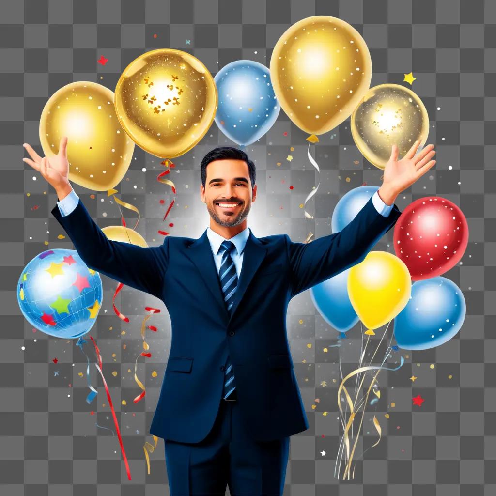 smiling man in a suit and tie holds up his arms in a great job celebration