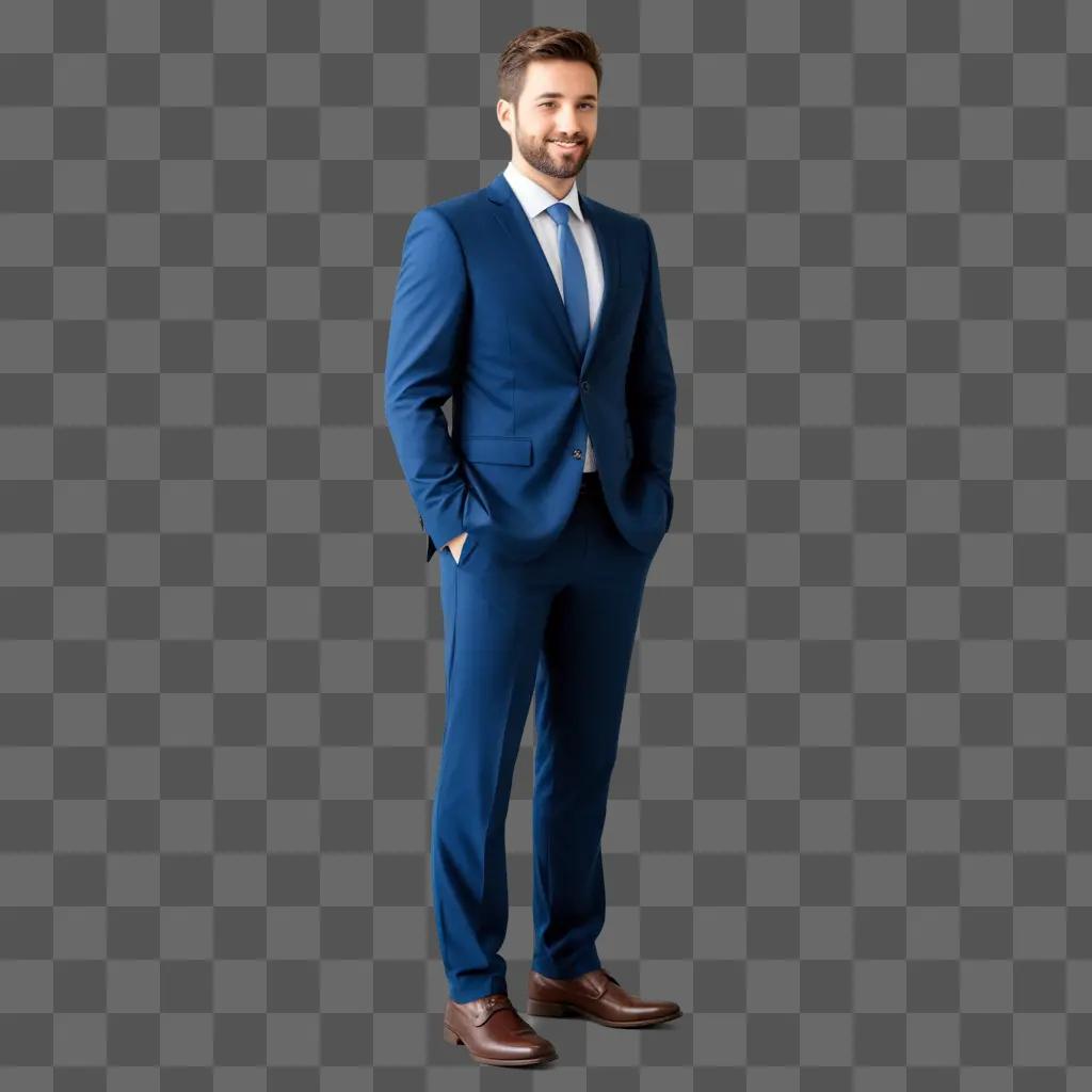 smiling man in a suit poses in front of a blue background