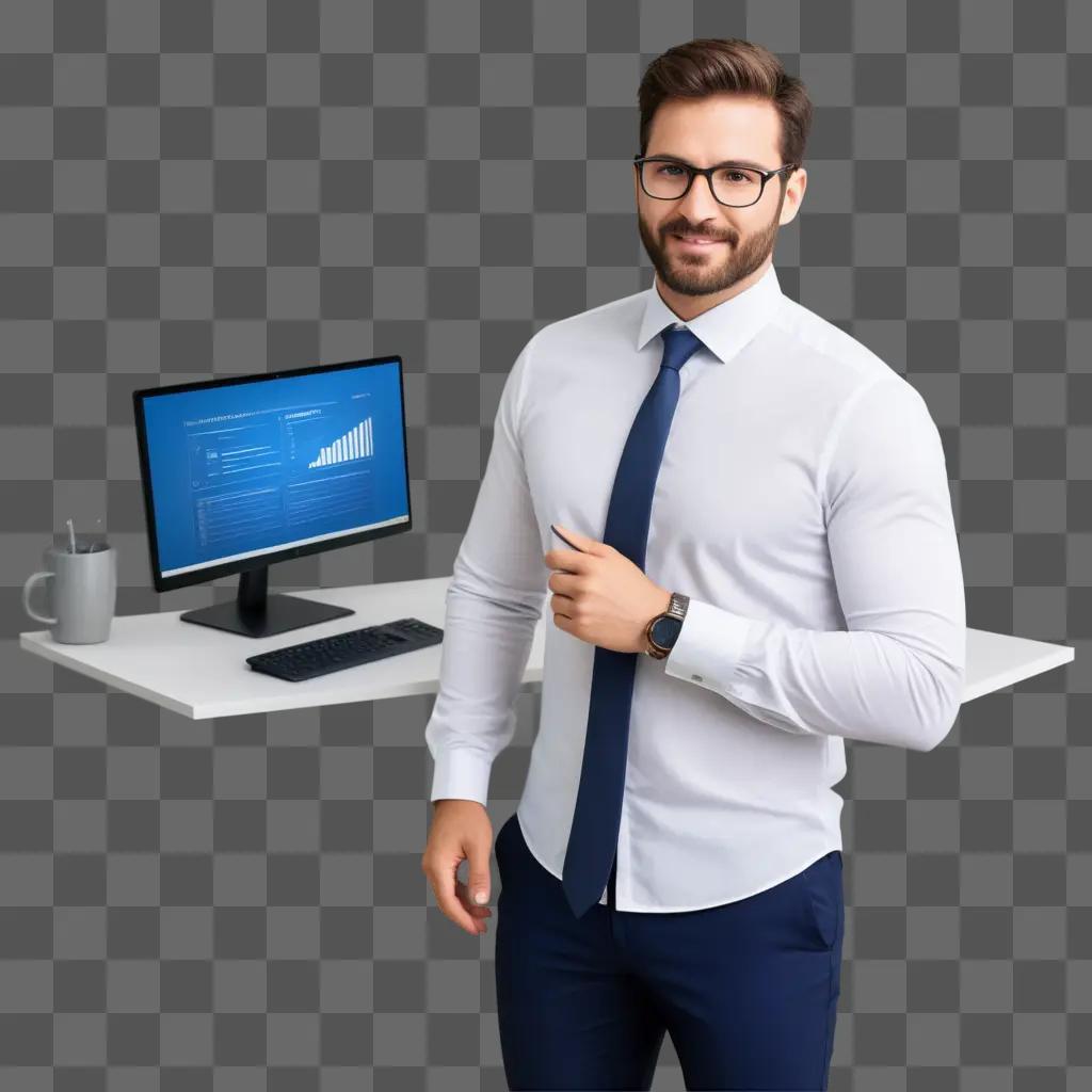 smiling man in a white shirt and glasses is standing next to a computer