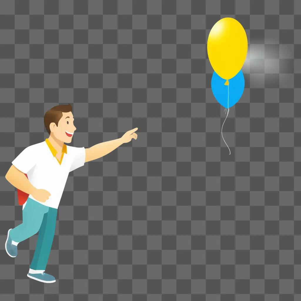 smiling man points to a yellow balloon in the air