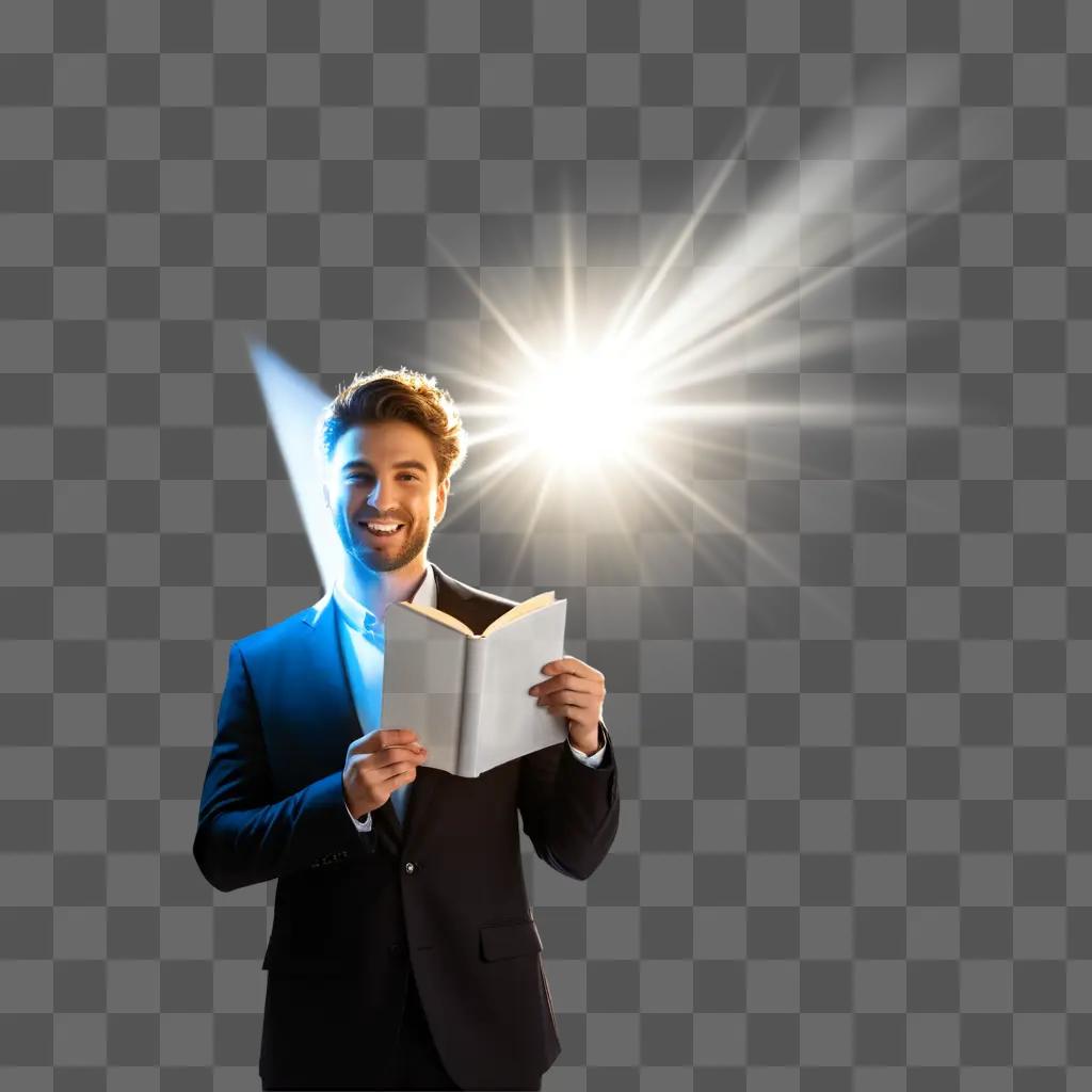 smiling man reads a book, a glowing light shines behind him