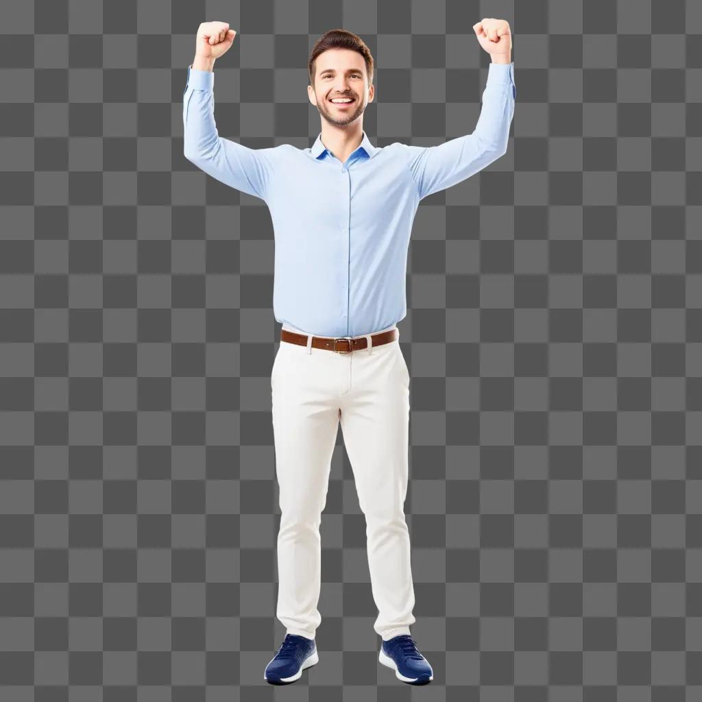 smiling man with arms raised, looking successful