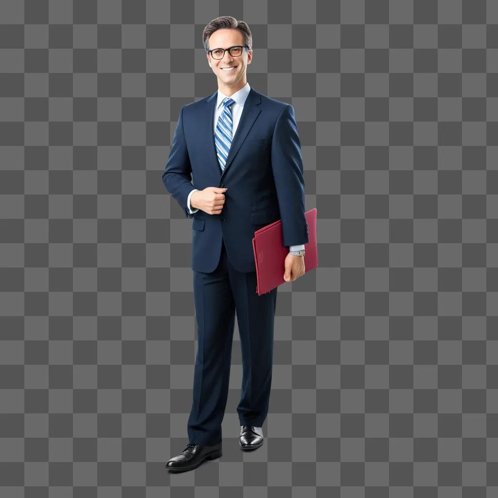 smiling man with glasses and a red folder in a cartoon image