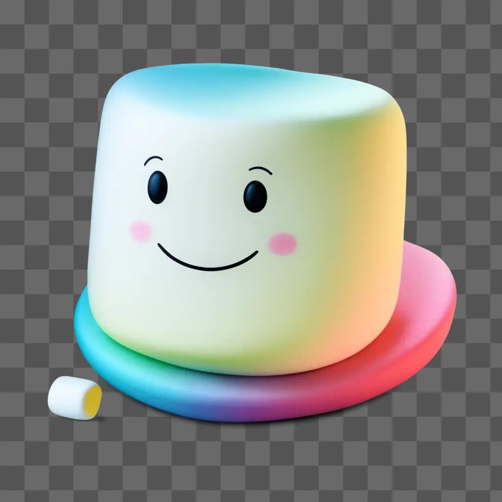 smiling marshmallow sits on a colorful plate