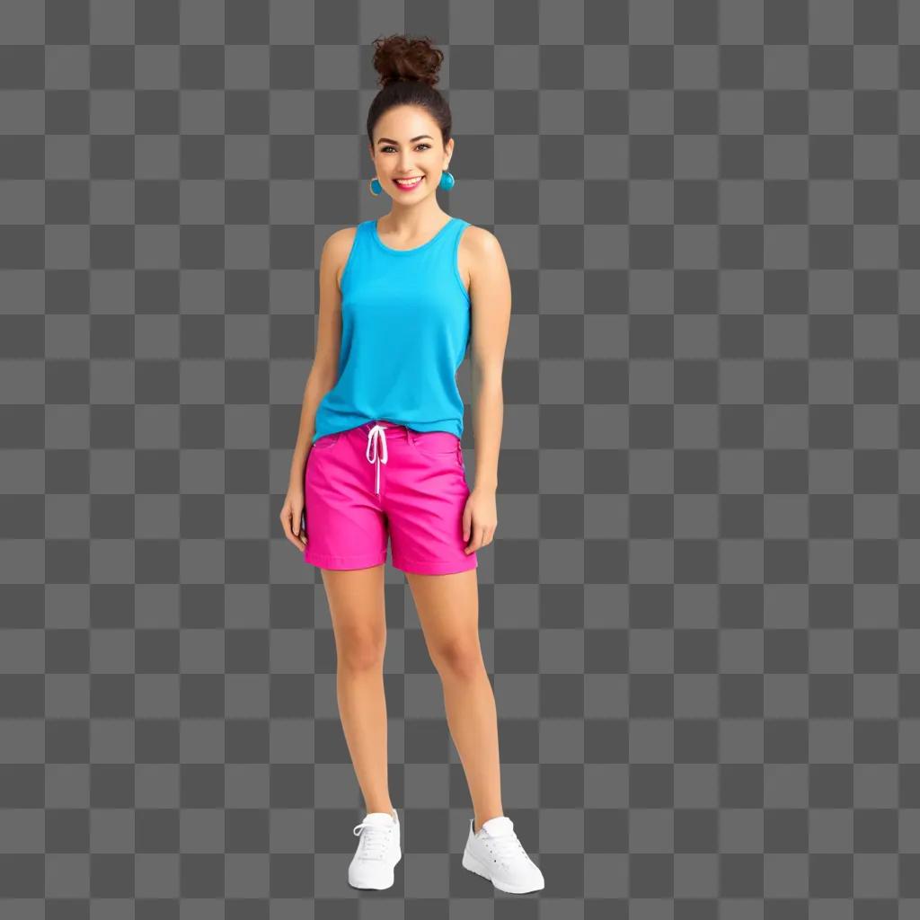 smiling person posing in pink shorts and a blue tank top