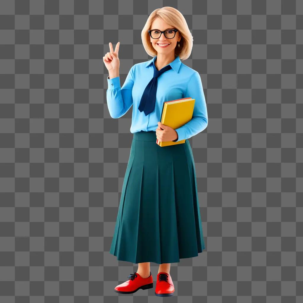 smiling teacher holds a book and gives a peace sign