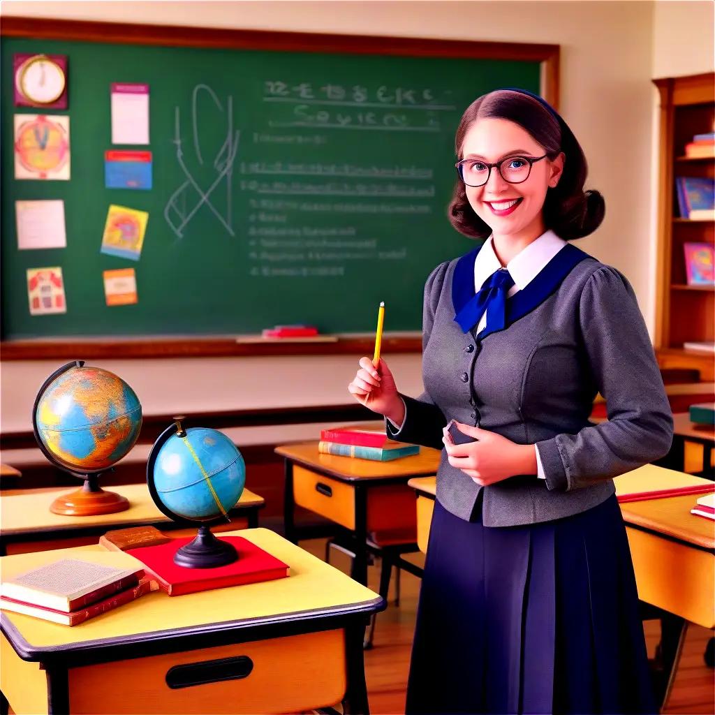 smiling teacher in a classroom with globe books