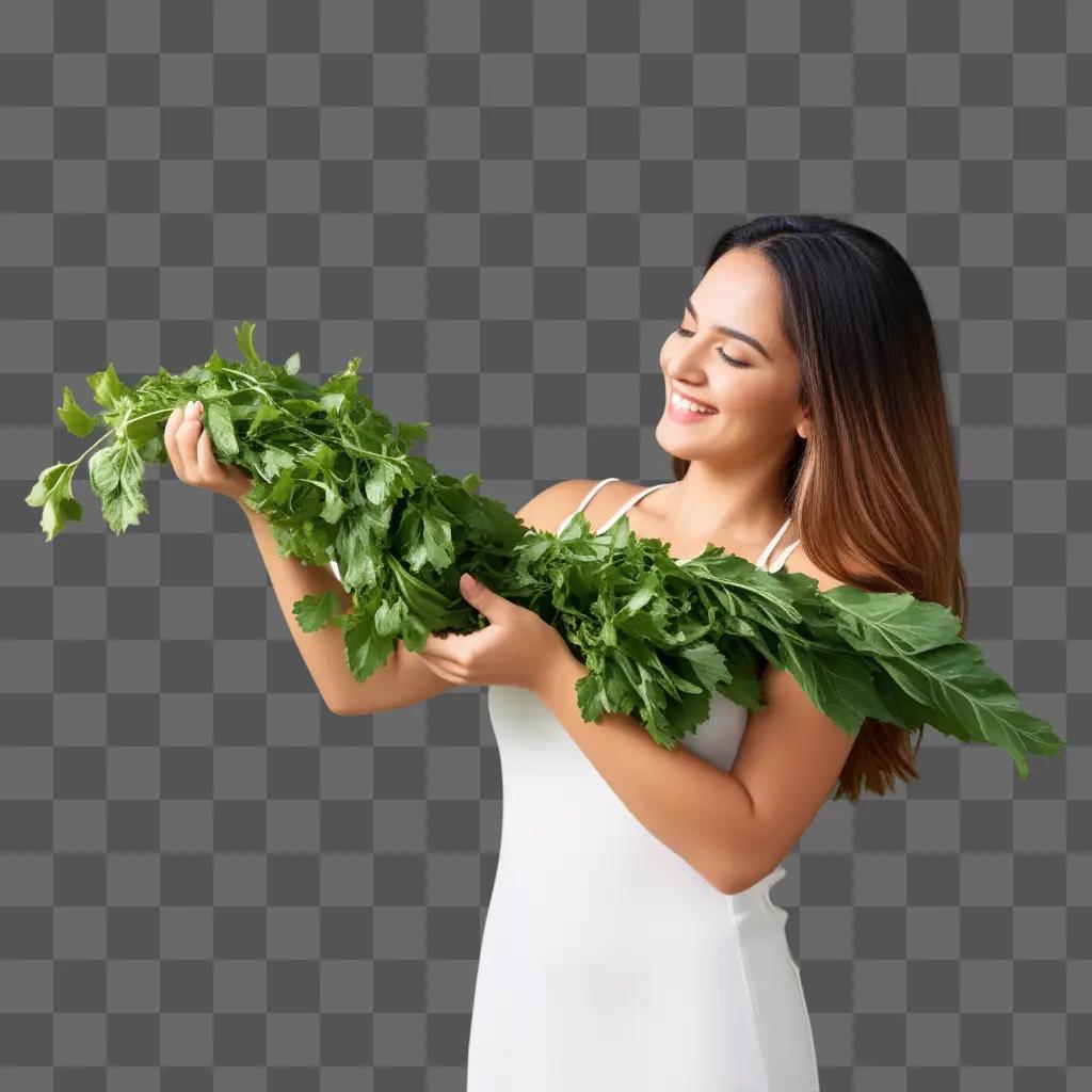 smiling woman holding a bunch of herbs