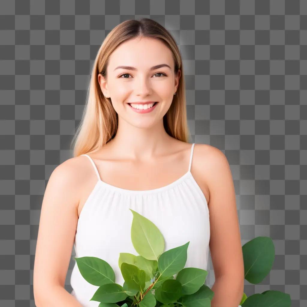 smiling woman holds a green plant