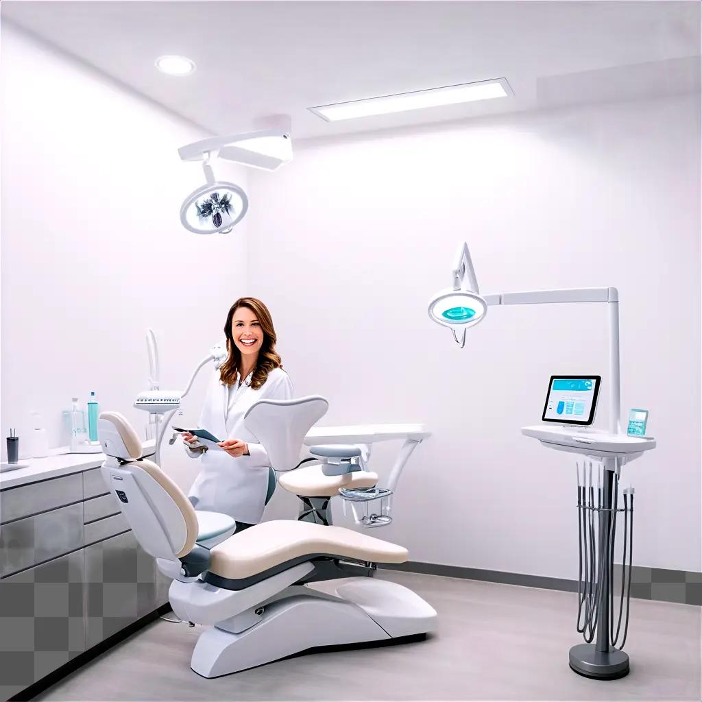 smiling woman in a white coat in a dental office