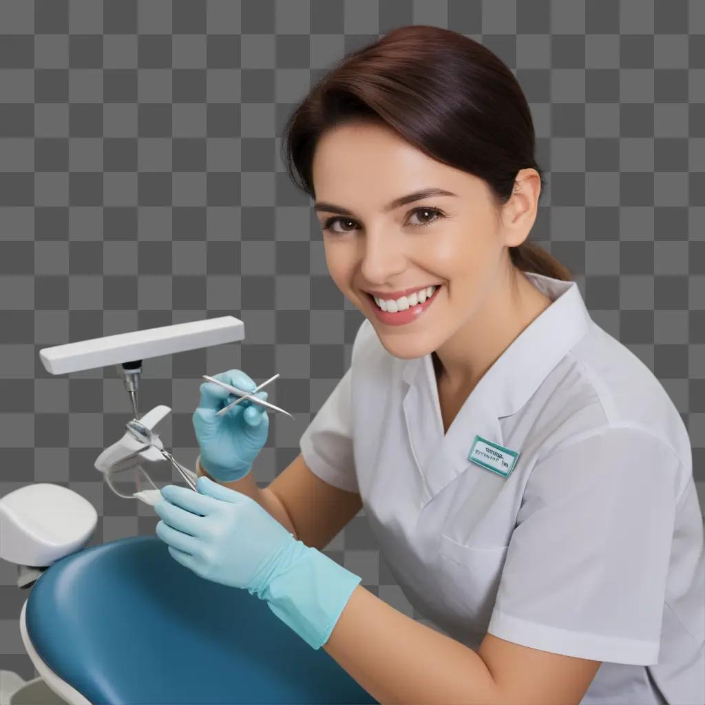 smiling woman in a white uniform holds a pair of dental tools