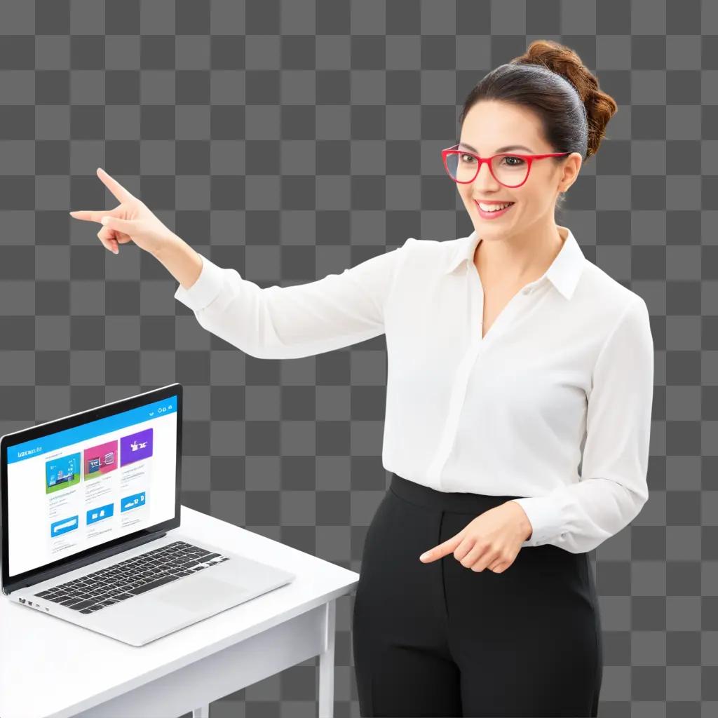 smiling woman is pointing to a laptop screen