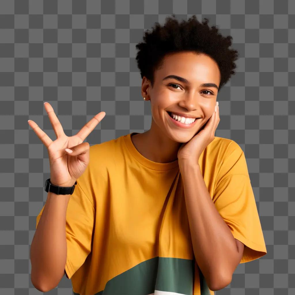 smiling woman makes a peace sign