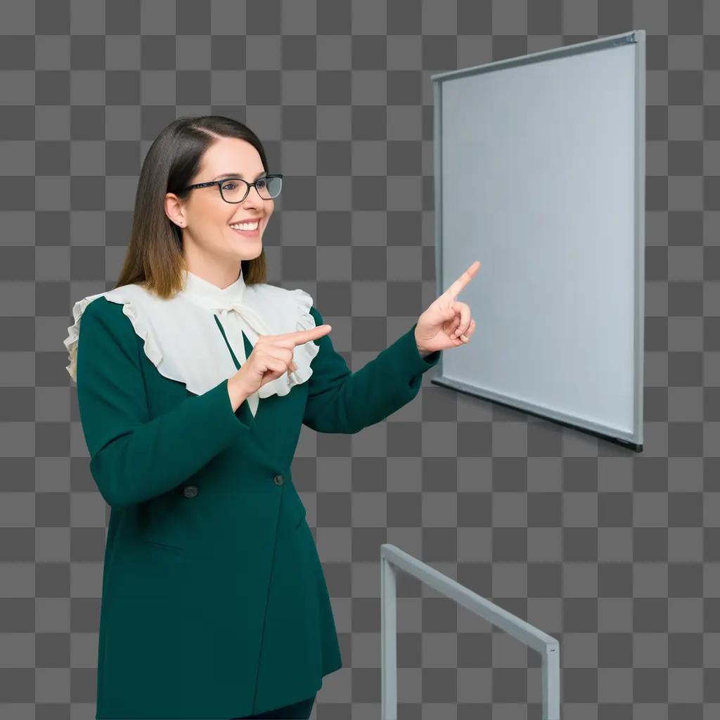 smiling woman pointing at a whiteboard