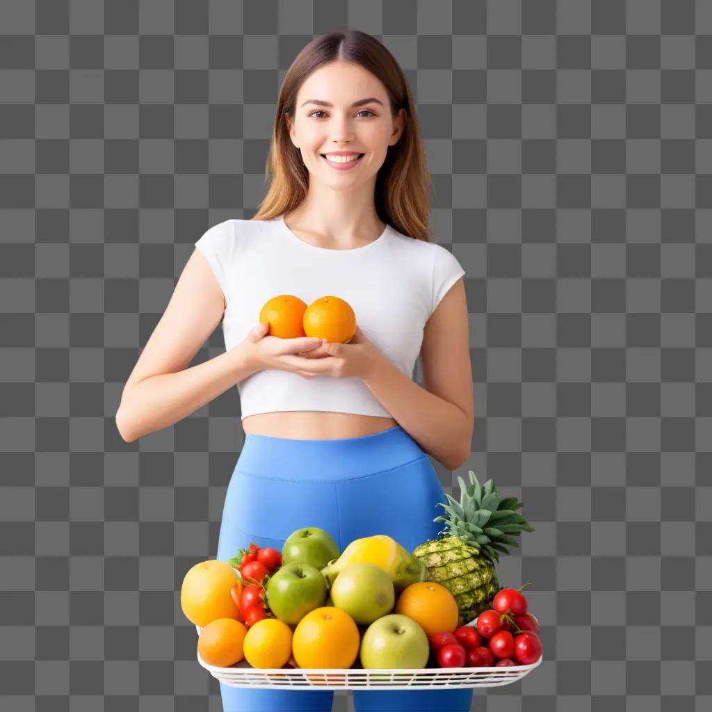 smiling woman poses with a basket of healthy fruit