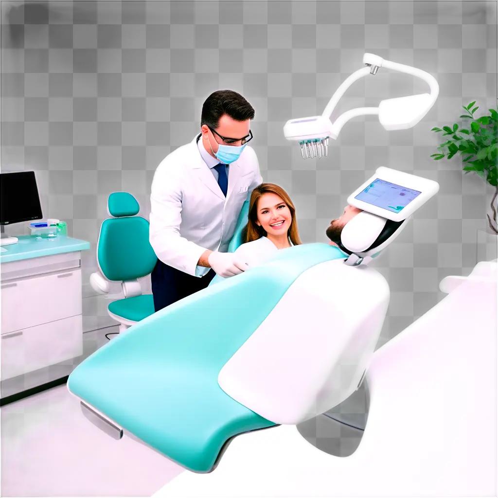 smiling woman sits in a dental chair, while a man looks at her teeth