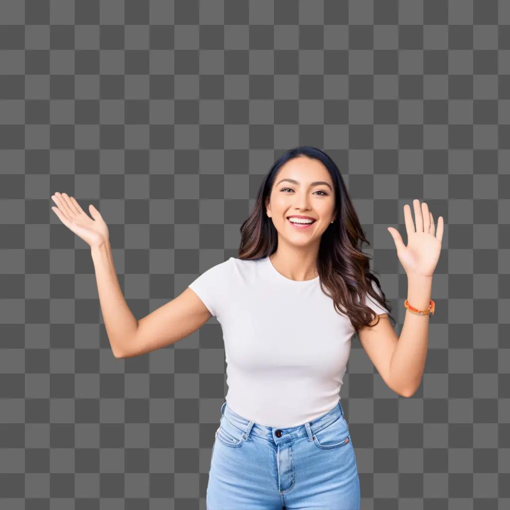 smiling woman waves at the camera