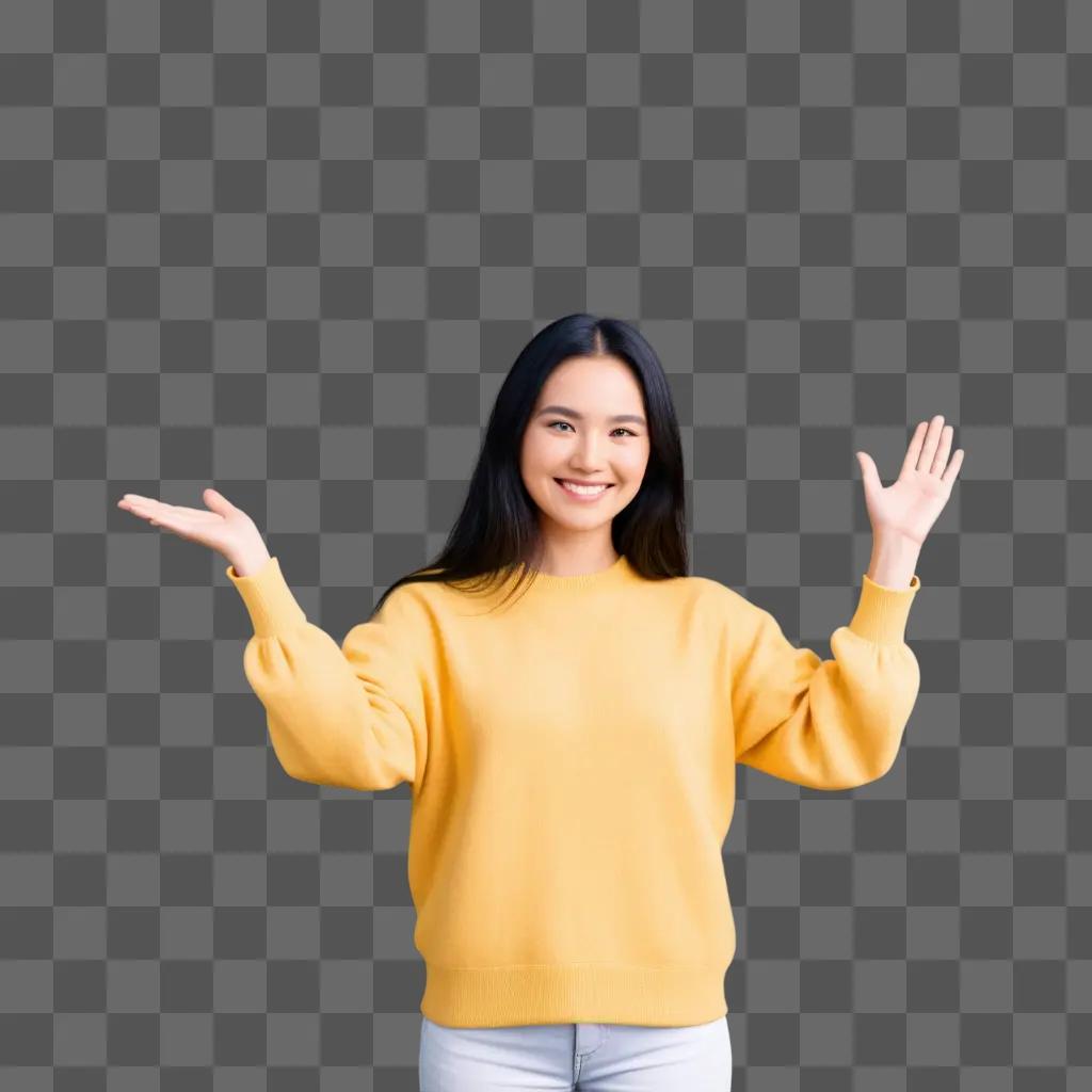 smiling woman waves to the camera