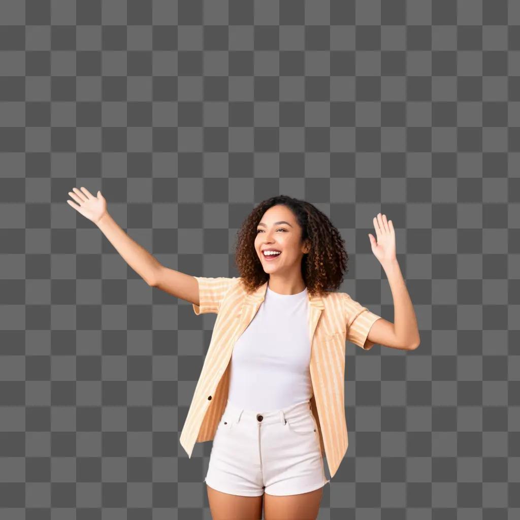 smiling woman waving her arms in the air