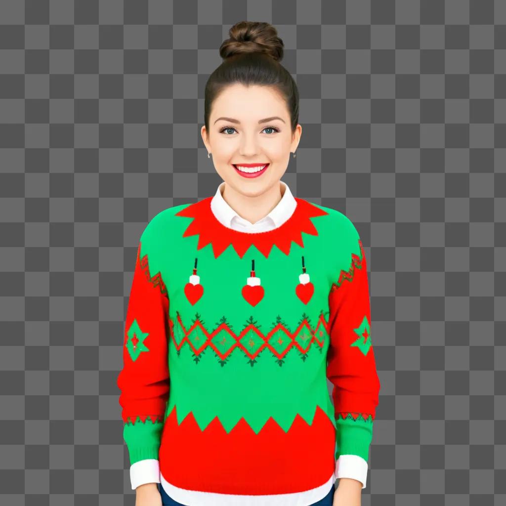 smiling woman wearing a green and red ugly sweater