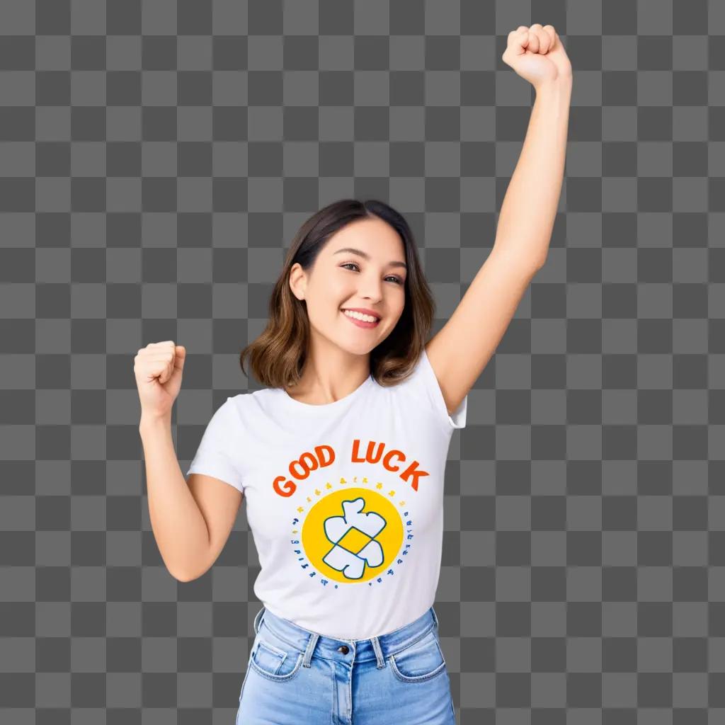 smiling woman wearing a white shirt with a good luck message