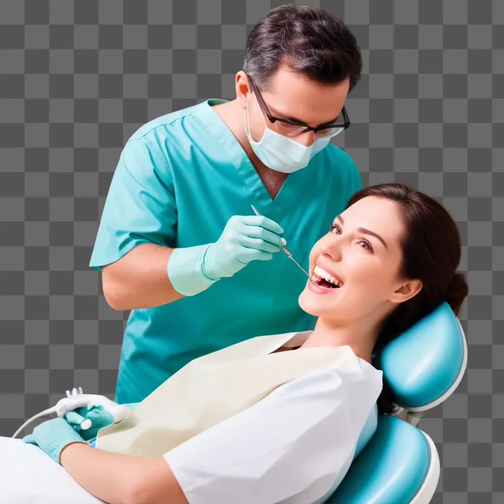 smiling woman with a dentist in the background