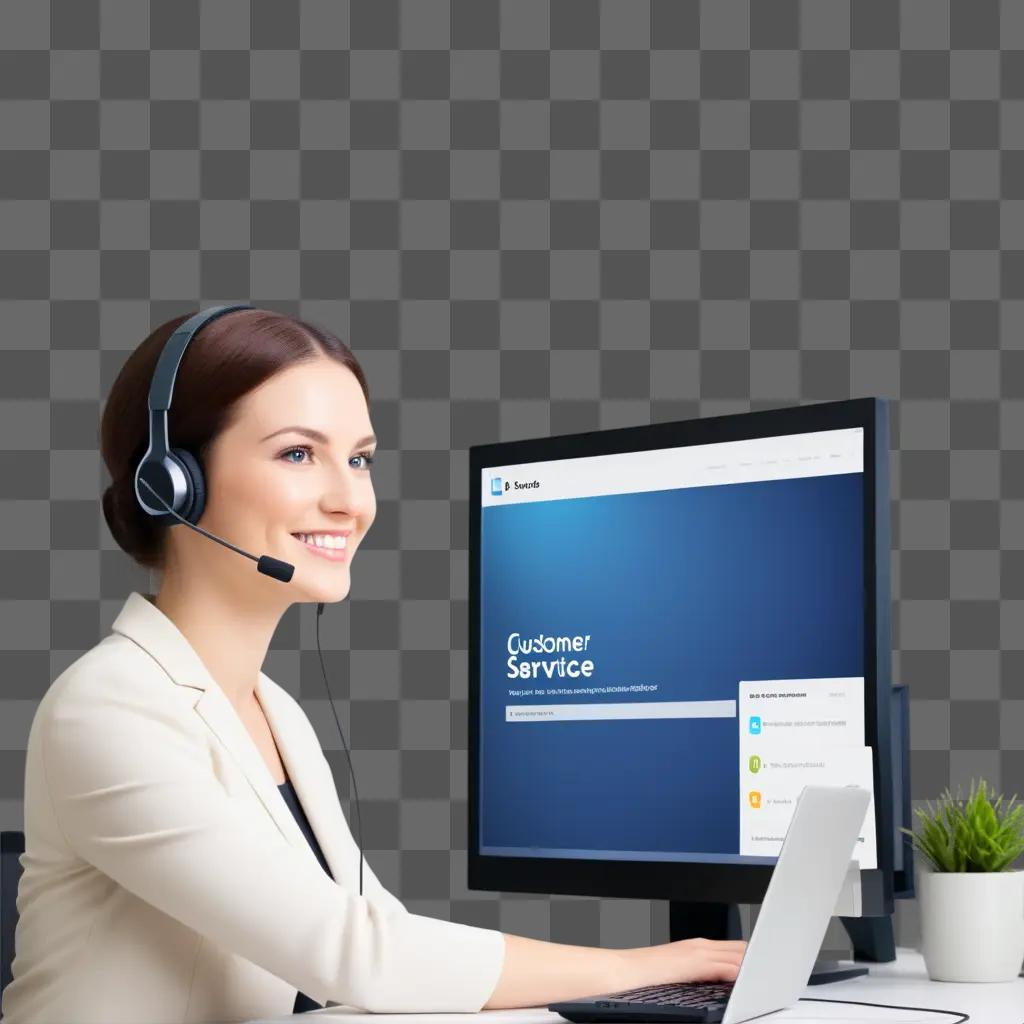 smiling woman with a headset, working on a customer service computer