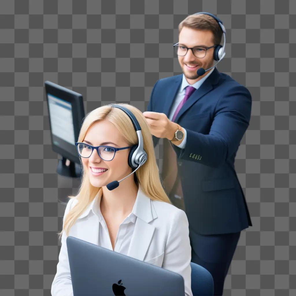 smiling woman with a headset on her head, and a man with a headset on his head