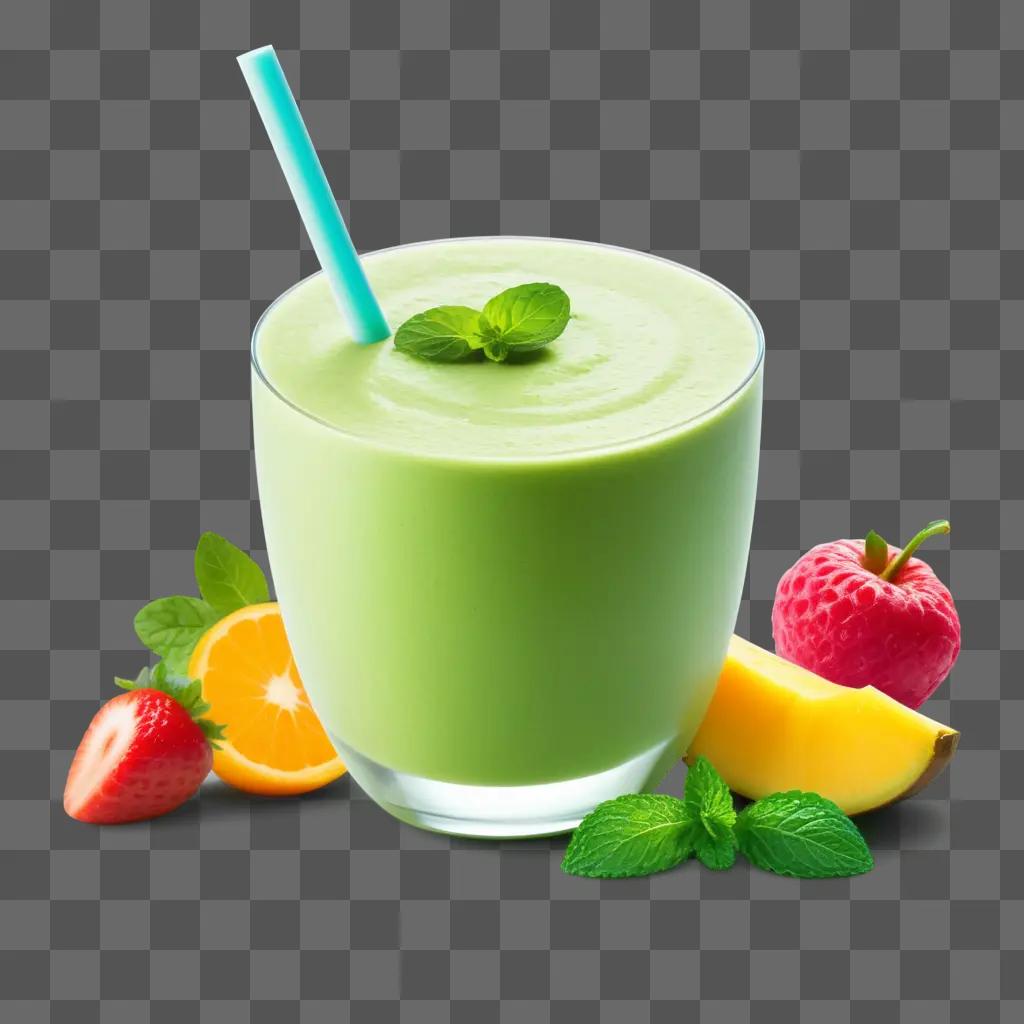 smoothie with mint leaves on top and a straw