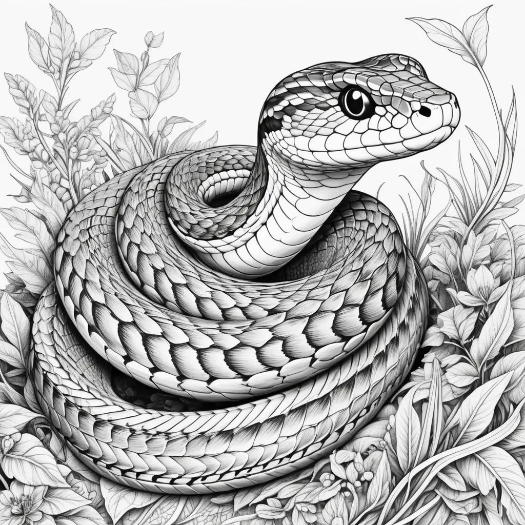 snake coloring page with flowers and leaves