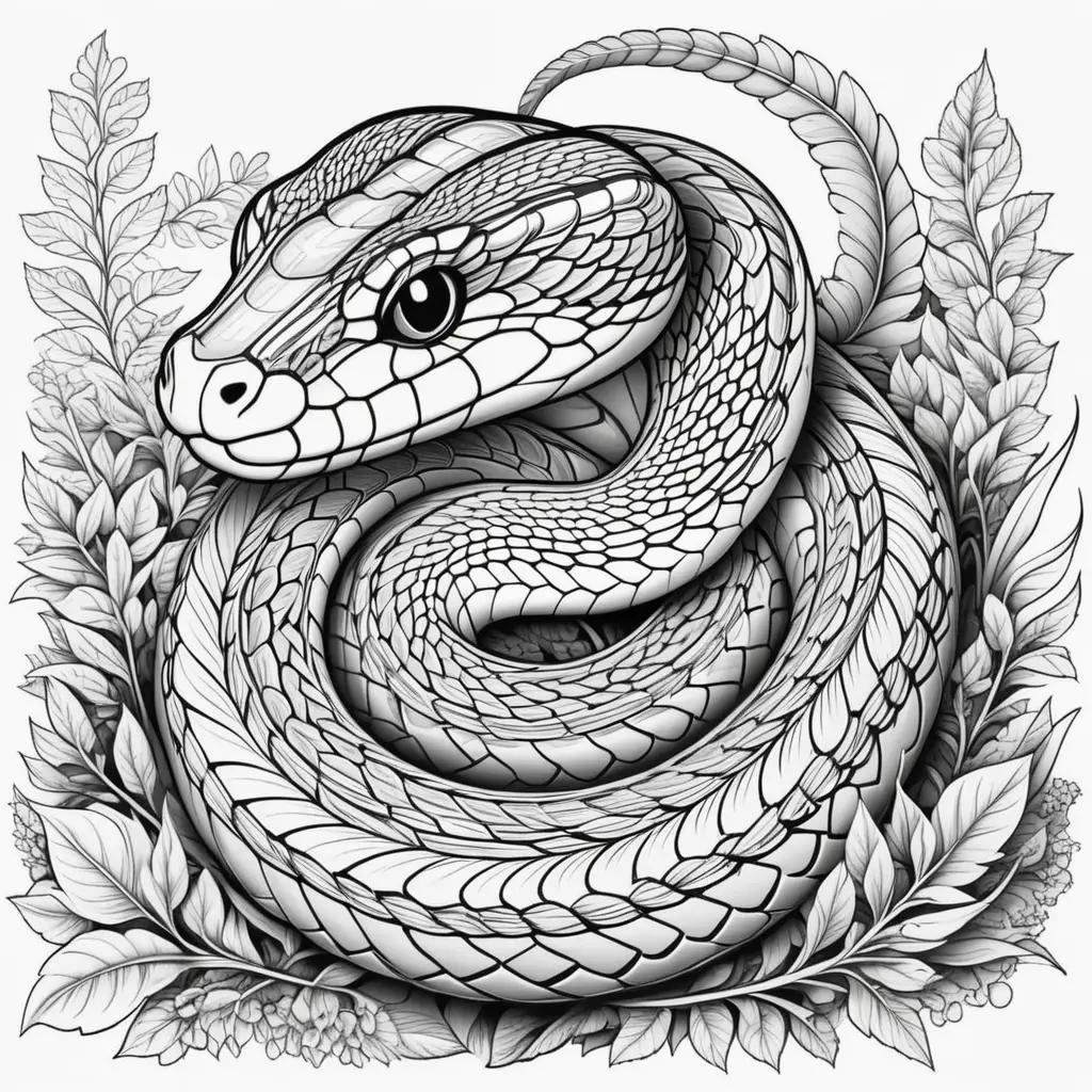 snake coloring page with leaves and a black and white color scheme