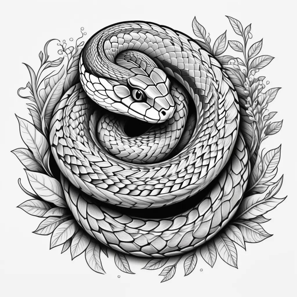 snake coloring page with leaves and flowers