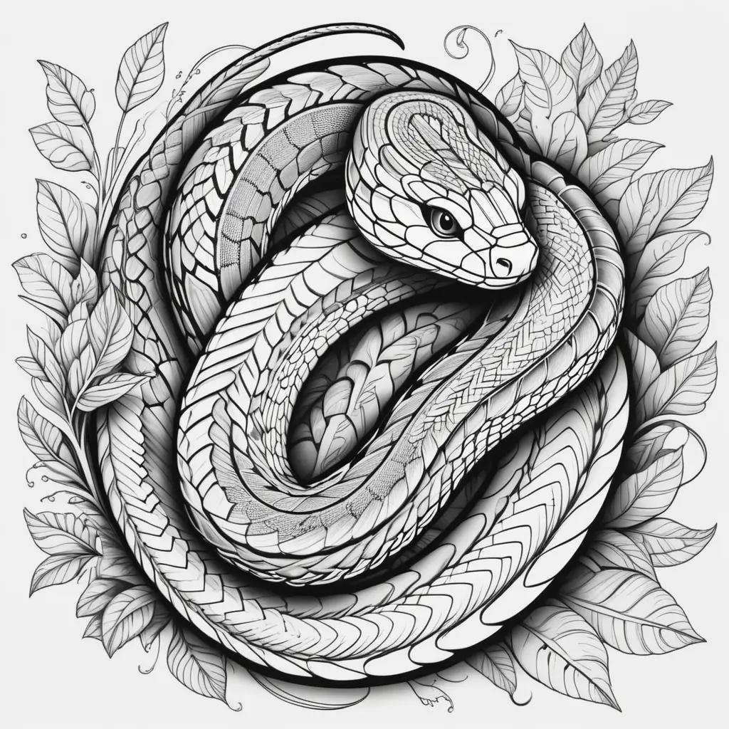 snake coloring page with leaves and lines