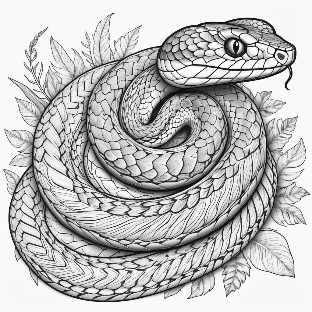 snake coloring page with leaves around it