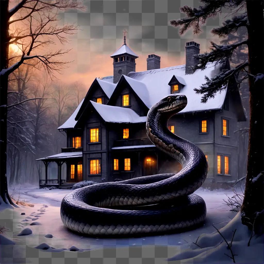 snake drawing realistic A black snake lies in front of a snowy house