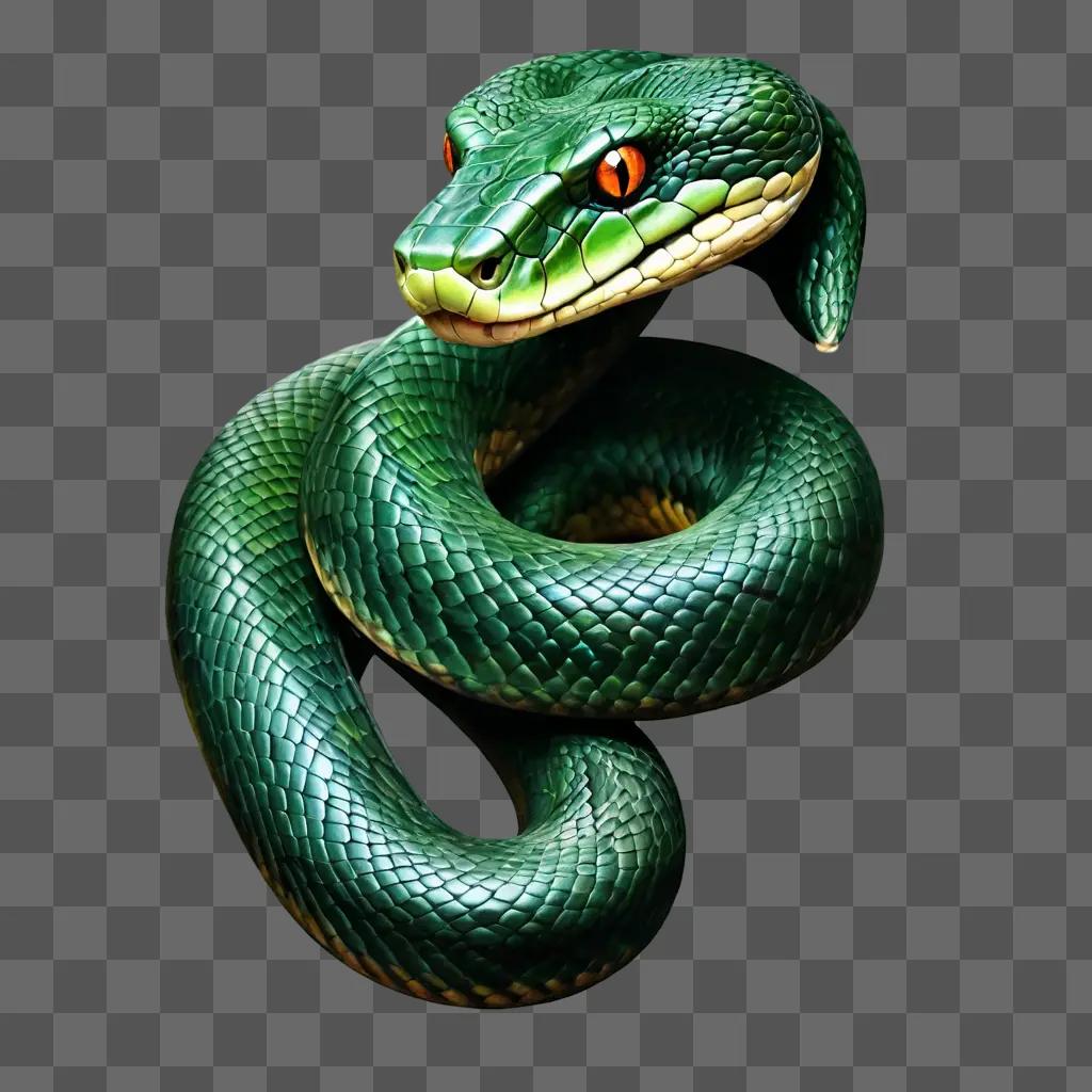 snake drawing realistic A green snake with red eyes and a black head