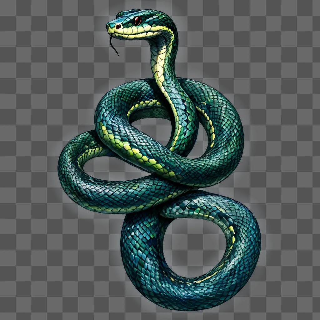 snake drawing realistic Green snake with yellow and green stripes