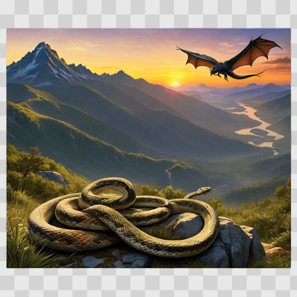 snake drawing with colour A dragon lands on a snake in a mountain scene