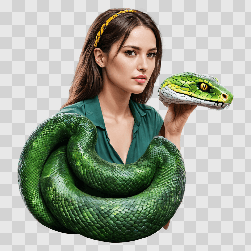 snake drawing with colour A girl holds a green snake with a yellow head