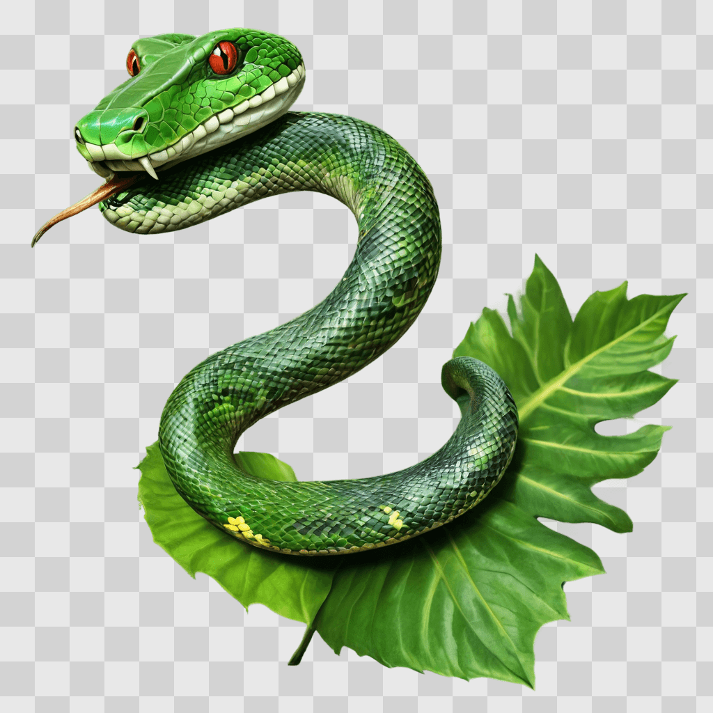 snake drawing with colour A green snake with red eyes and a green leaf behind it