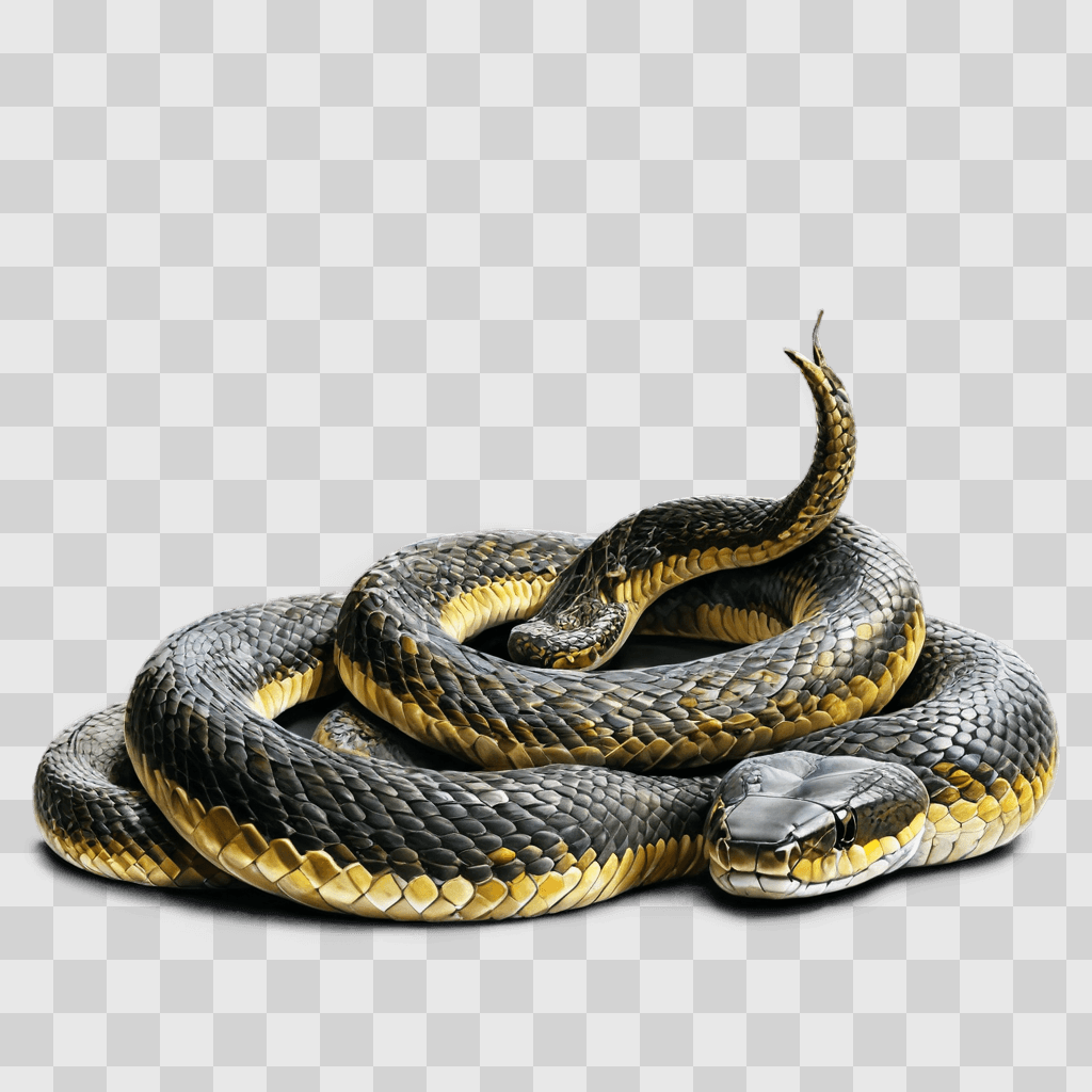 snake drawing with colour A snake with a black head and yellow tail is laying on a gray background